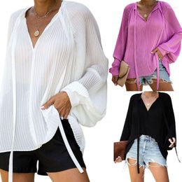 Women's Blouses Womens Batwing Long Sleeves Shirts Pleated Wrinkled Chiffon Pullover Tops With Ribbon Casual Loose Sexy V-Neck Blouse F42F