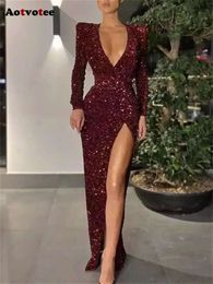 Sequins for Women New Fashion Elegant Split Slim Maxi Dress Autumn Long Sleeve V Neck Sexy Evening Dresses
