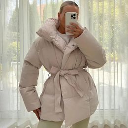 Women s Fur Faux Malina Winter Thick Stand Collar Parka Fashion Tie Waist Coats Elegant Solid Short Padded Jackets Female Ladies 231110