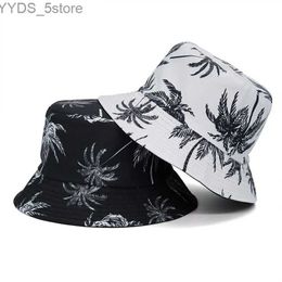 Wide Brim Hats Bucket Hats 2021 Fashion Men Women Summer Bucket Hat Tropical Palm Tree Leaves Print Hip Hop Sunscreen Flat Fisherman Cap Female YQ231110