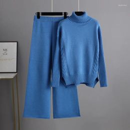 Women's Two Piece Pants Turtleneck Sweater Suit Fall/Winter 2023 Lazy Wind Loose Western Style Fashion Wide Leg Two-Piece Set