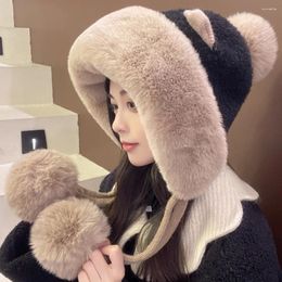 Berets Korean Winter Lake Blue Knitted Woolen Hat Three Ball Set Head Adult Unisex Plush Warm Ear Protection 2023