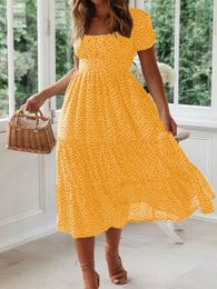 Casual Dresses Vestidos Vintage Print Puff Sleeves Summer Beach Sweetheart Dress Casual Square Neck Lace Long Dress Festival 230410