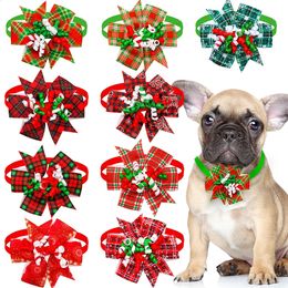 Dog Apparel 50PCS Wholesale Winter Dog Bow Ties Dog Collar With Ribbon Plaid Christmas Grooming Cat Necklace for Small Dog Pet Accessories 231109