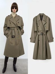 Women's Trench Coats Buckle Strap Double Breasted Green 2023 Women Autumn Winter Coat Tote