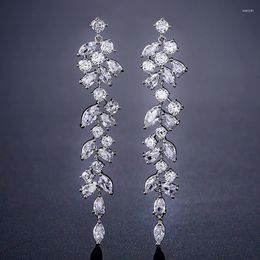 Backs Earrings Luxury Zirconia Crystal Long Leaf Drop Dangle Clip On For Women Bridal Wedding Party Without Piercing Jewellery