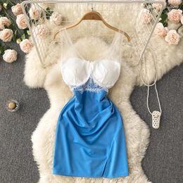 Casual Dresses Summer Design Lace Stitching Girl Suspender Dress Women's High Waist Sexy Open Back Slit