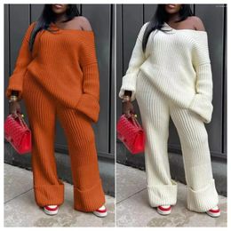 Women's Two Piece Pants Solid Loose Knitted Set Women Sexy V Neck Off Shoulder Long Sleeve Sweatshirts Top Wide Leg Fashion Casual Suits