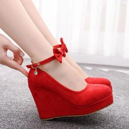 Dress Shoes Wedges Fashion Women Round Toe Super High Heel Pumps Ankle Strap Buckle Bowtie Flock Platform Wedged Ladies Party