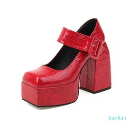 Dress Shoes Women Pumps Square Toe Buckle Stone Hoof Heels High Heeled Chunky Big Size Platform Fashion