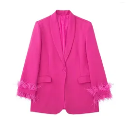 Women's Suits Tesco Fashion Women Blazer Fuchsia Elegant Autumn Coat Shawl Lapels Feathers Vintage Jacket Vibrant Female Clothes For Holiday