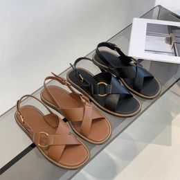 Sandals Women's Fashion Comfortable Leather Flat Shoes Casual Beach Roman Designer Solid Color Cross Lacing Design
