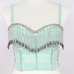 Women's Tanks High-Quality Stage Performance Costume Sling Lingerie Corselets Tassels Beading Sexy Cropped Tops Push Up Tube Bra Top