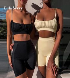 Sexy Ruffle Sport Set Women Black Summer Thin Two 2 Piece String Bra Shorts Yoga Sportsuit Workout Outfit 2020 Fitness Gym Sets5218436