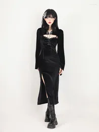 Work Dresses In 2023 Women X-long High Slit Dress Set Halloween Hooded Long Flare Sleeve Slim Sexy Gothic Black Strap