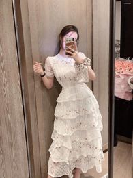 Casual Dresses Women's Design Fashion O-neck Ruffles Petal Sleeve Print Flower Embroidery Lace Patchwork A-line Layered Short Dress S M L