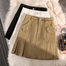 Skirts 2023 Cotton Mini Denim For Women Autumn Korean Girls Pockets A Line High Waist Pleated Shorts Lining Skirt Female