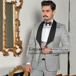 Men's Suits & Blazers Classic Light Grey Mens Black Shawl Lapel Groom Tuxedo For Groomsmen Man Wedding Party 3 Pieces Set Male Blazer