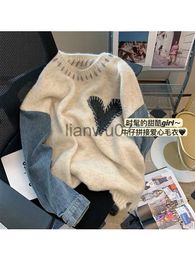 Women's Sweaters Women Denim Patchwork Sweater Long Sleeve O-Neck Loose Heart Chic Pullovers Simple Knitted Autumn Winter 2023 New Knitt Jumpers J231110