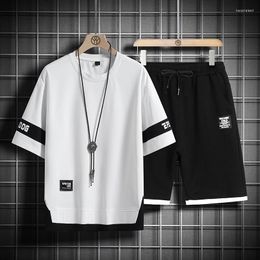 Men's Tracksuits Short Sleeve Suit Men Casual Patchwork T Shirt Pants 2 Peice Sets 2023 Male Sport Joggers Tracksuit Set White