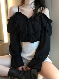 Women's Blouses Shirts Sexy Off Shoulder Blouse Spring Summer Solid Color Chiffon Tshirt Casual Loose Spaghetti Strap Flare Sleeve Ruffles Tops 231109