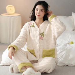 Women's Sleepwear Winter Warm Pyjamas For Women Two-piece Set Coral Fleece Keep Pyjama Cartoon Flannel Home Clothes
