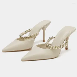 Dress Shoes Women Pumps Luxury Chain Design High Heels Slippers Summer Fashion Mules Slides Woman Female Sexy Sandals White
