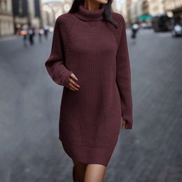 Casual Dresses Autumn Winter Women'S Elegant Solid Sweater Dress Full Sleeve Loose Knit Mini Turtleneck Basic