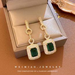 Chains Gold Plated Emerald Zircon Square Earrings French Entry Lux Retro Stud Elegant High-Grade