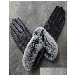 Five Fingers Gloves Female Winter Leather Gloves With Plush Touch Sn Rex Rabbit Fur Mouth Korean Version Cycling Cold Proof And Warm S Dhxhp