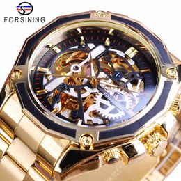 Forsining Steampunk Gear Design Transparent Case Automatic Watch Gold Stainless Steel Skeleton Luxury Men Watch Top Brand Luxury250m