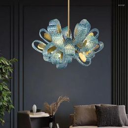 Chandeliers Modern LED Blue Peacock Leaf Glass Designer Hanging Lamps Copper Lustre Ceiling Lighting Suspension Luminaire Lampen