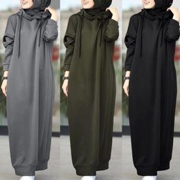 Ethnic Clothing Women's Muslim Dress Hooded Drawstring Sweatshirt Padded Hoodie Long Sleeve Maxi Casual Solid Pocket Vest Robe