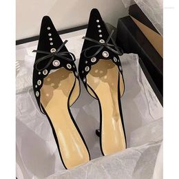 Sandals RIBETRINI Poined Toe Mules Sexy Elegant Low Thin High Heels Shoes 2023 Spring Summer Bow Knot Design Slip On