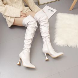 Boots 2024 Winter Leather Boots Women Stiletto Pointed Toe White Heeled Knee Boots Wine Glass Heel Side zipper Thigh Gigh Booties 231109