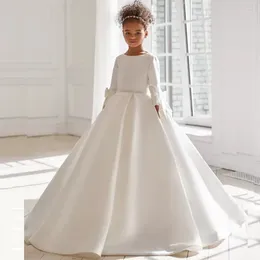Girl Dresses Ivory White Satin Flower Dress Crystal Long Sleeve Trail Wedding Elegant Child Birthday Party Evening Ball Gowns