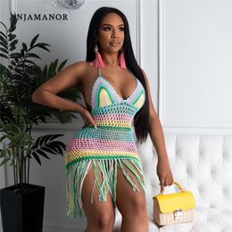 Casual Dresses ANJAMANOR Sexy Summer Crochet Tassels Backless Hawaiian Halter Beach Cover Up Party Short Women Club Outfits D48EZ20 220410