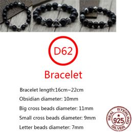 D62 S925 sterling silver bracelet natural Obsidian fashion round beads hand string personality retro beads cross flower punk hip-hop style gift for lovers