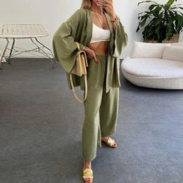 Women's Two Piece Pants Women Pant Sets 2 Pcs Sale Female Cotton Linen Long Sleeve Cardigans And Elastic Waist Wide Leg Full Suits YLX-082