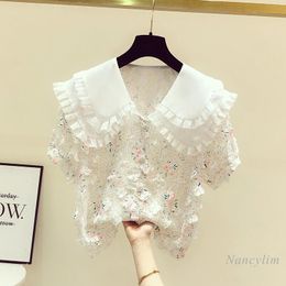 Women's Blouses & Shirts Summer Sweet Women Loose Three-Dimensional Petals Floral Doll Collar All-Matching Top Girls Ladies TopWomen's