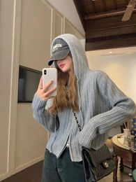 Women's Knits Deeptown Kpop Grey Hooded Knit Zipper Sweaters Women Korean Style Y2K Pink Crop Cardigan Harajuku Hoodies Tops