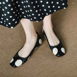 Dress Shoes Phoentin Polka Dot Classic Elegant Flats Office Lady Square Toe Pleated Pumps Women Slip-on Low Heels Real Leather FT2958