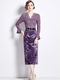 Work Dresses 2024 Fashion Purple Two Piece Set Women's Long Flare Sleeve Lace Hollow Out Shirt Top Belt Straight Velvet Skirts Suit