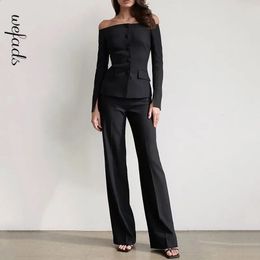 Women s Two Piece Pants Wefad Blazer Suit Office Simple Solid Off Shoulder Long Slit Sleeve Single Breasted Button Top Loose Sets 231110