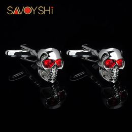 Cuff Links SAVOYSHI Fashion Mens Shirt Cufflinks Brand High quality Red Crystal Silver color Skull Cuff links Halloween Party Gift Jewelry 231109