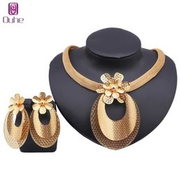 Women African Beads Jewelry Sets Flower Necklace Earring Gold Color Statement Wedding Party Jewelry Set