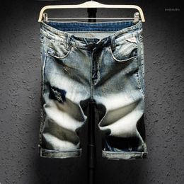 Men's Shorts Hip Hop Cotton Denim Jeans Men Summer Ripped Holes Vintage Blue Pants Slim Scratches Knee Length Male Trousers