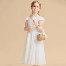 Girl Dresses A-line V-Neck Tea-Length Chiffon Pageant Party Flower Dress For Kids Wedding Bridesmaid Birthday Formal Princess Gown