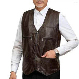 Men's Vests Men Fall Winter Faux Leather Thick Plush V Neck Multi Pockets Single-breasted Warm Solid Color Mid-aged Father Waistcoat