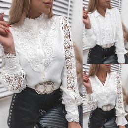 Women's Blouses Women's Blouse Hollow Out White Lace Long Sleeve Elegant Top Spring Summer T-shirt Work Clothing Shirts Female Casual